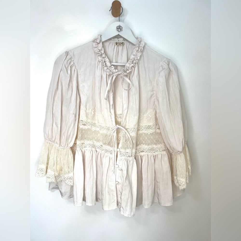 Free People Ivory Lace-Trim Peasant Blouse - Picture 6 of 10